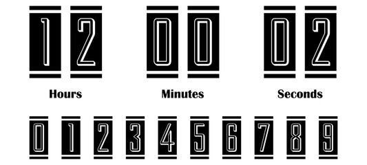 Clock countdown display in retro style. Flip clock numbers. Numbers in flip clock style with hours, minutes and seconds. Flip scoreboard template. Vector