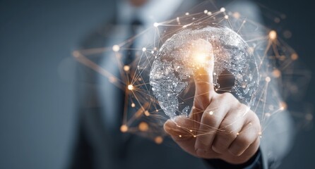 A person in a suit interacts with a glowing globe, digital network surrounds