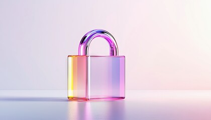 A colorful glass padlock stands on a reflective white surface, illuminated by a soft gradient of colors.