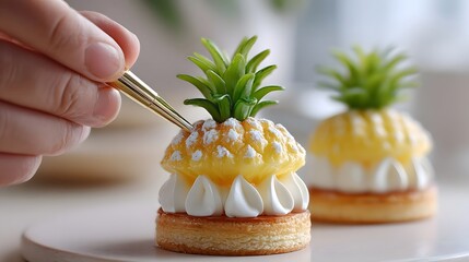 Close up view of a gourmet pine  shaped pastry being finished with a dusting of powdered sugar by tweezers showcasing exquisite dessert craftsmanship