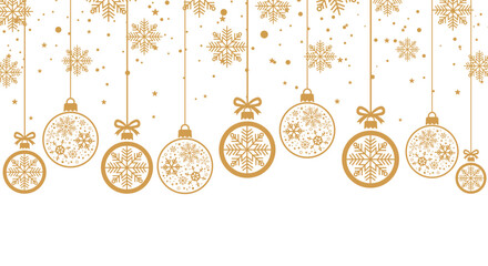 Elegant gold Christmas background with hanging baubles, snowflakes, stars and confetti on white, perfect for festive greeting cards, holiday banners, invitations and seasonal winter celebrations. © bibin