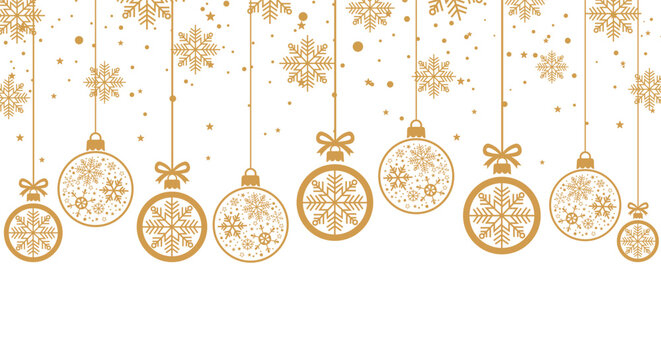 Elegant gold Christmas background with hanging baubles, snowflakes, stars and confetti on white, perfect for festive greeting cards, holiday banners, invitations and seasonal winter celebrations.