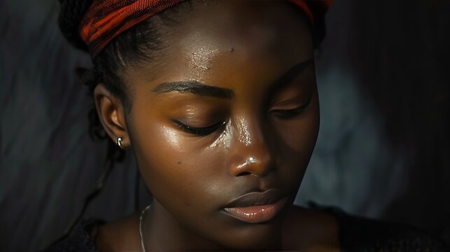 African woman experiencing depression and sorrow, eyes closed - Powered by Adobe