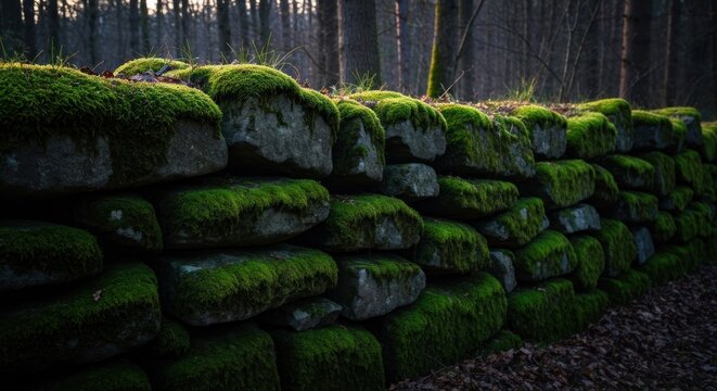 Moss-covered stone wall in a forest - Powered by Adobe
