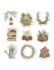 Watercolor forest stickers featuring a lantern books pinecones wreath and small cabin illustration
