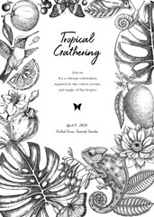 Tropical background in sketch style. Exotic animals, palm leaves, tropical flower hand drawn vector illustration. Vintage wedding invitation, card design. Not AI generated 
