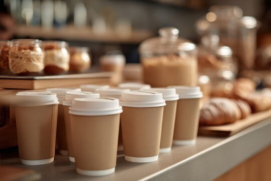 Coffee shop counter with paper cups and pastries for customers to pick up their order. Inviting coffee house counter with latte to-go cups ready for service. Variety of items for takeout or dine-in