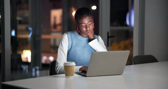 Night, black woman or laptop in office with neck pain from bad posture, marketing workload and fatigue. Late, tired person and muscle tension with computer, advertising project and deadline pressure.