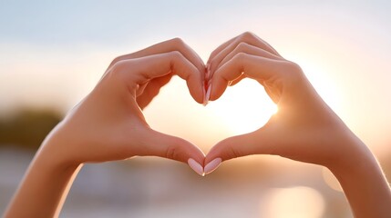 Fototapeta premium Close up of a pair of hands forming a heart symbol during a beautiful golden sunset conveying feelings of romance care and positive emotion in an outdoor setting