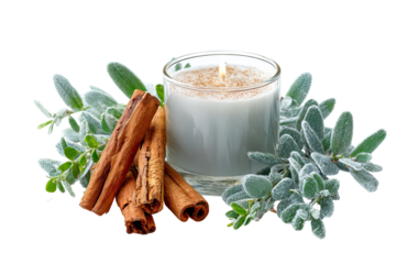 Aromatherapy winter candle with cinnamon sticks and frosted green leaves on transparent background