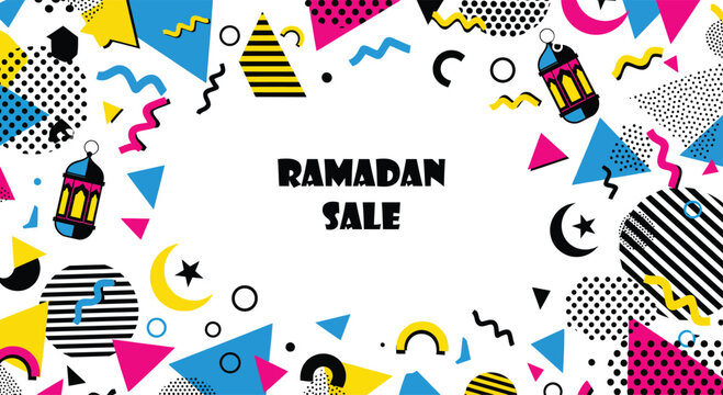 Colorful Geometric Memphis Style Background for Ramadan Sale Promotion