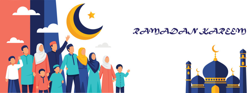 Ramadan Kareem Banner with Muslim People Looking at Crescent Moon and Mosque