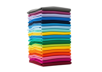 A tall, neatly folded stack of soft cotton t-shirts, vibrant color gradient from maroon to grey, on a transparent studio background with copy space, clean product display concept