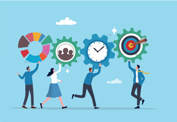Optimization, improvement or strategy to improve result to increase efficiency or productivity to reach goal or target success, business people connect cogwheel gear to optimize result to reach goal