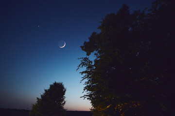 Fototapeta premium Crescent young Moon with stars, planets and rural countryside tree silhouettes.