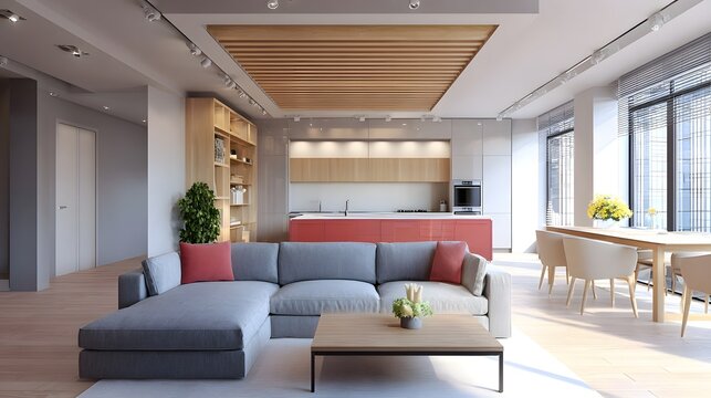 Bright and airy modern residential interior showcasing an open plan living area with a comfortable sectional sofa adjacent kitchen with a red island and a dining space by large