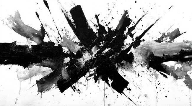 Abstract black and white ink splatter artistic composition