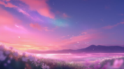 ピンクと紫のグラデーションが美しい星空の下に広がる花畑と幻想的な風景イラスト