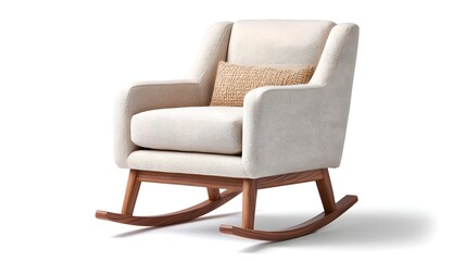 Fototapeta premium Comfortable and stylish beige upholstered rocking chair featuring a natural wood base and integrated armrests perfect for relaxing interiors