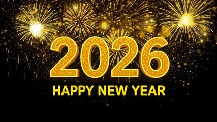 Happy New Year 2026 Greeting with Golden Fireworks and Glitter on Black Background