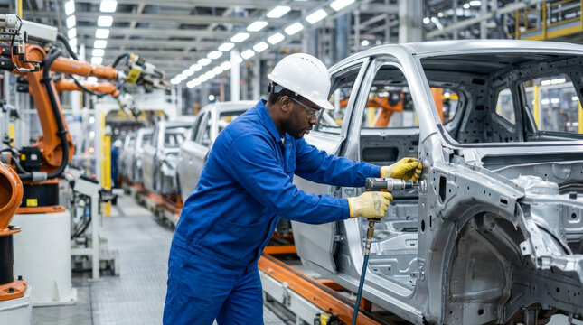 African american factory worker in blue uniform and hard hat assembling a car body on an automotive production line with robotic arms in a modern industrial facility.