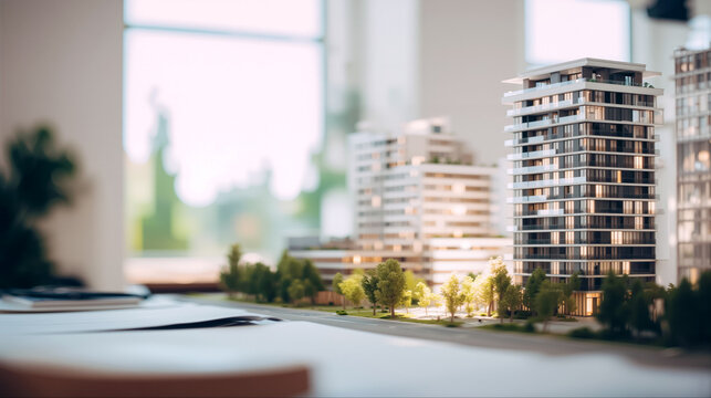 オフィスのデスクに置かれた現代的な高層マンションと緑地の精密な建築模型