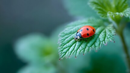 ro photograph of a bright red ladybug with distinctive black spots perched on the textured surface of a fresh green leaf highlighting intricate natural details and vibrant life outdoors