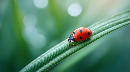 Detailed ro shot of a bright red ladybug with black spots perched on a green grass blade with glistening water droplets highlighting natural beauty
