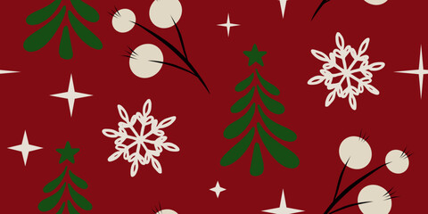 Classic Christmas Motif with Evergreen Trees, Snowflakes, and Berries