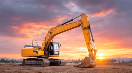 A yellow heavy duty excavator is parked on a dirt construction site under a dramatic sunset sky with colorful clouds