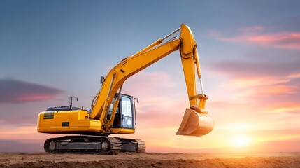A powerful yellow excavator a piece of heavy construction equipment rests on a dirt surface during an atmospheric sunset