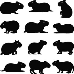 Silhouette collection of capybara poses, diverse rodent shapes, wildlife animal illustrations for design, nature projects, educational materials, and creative artwork