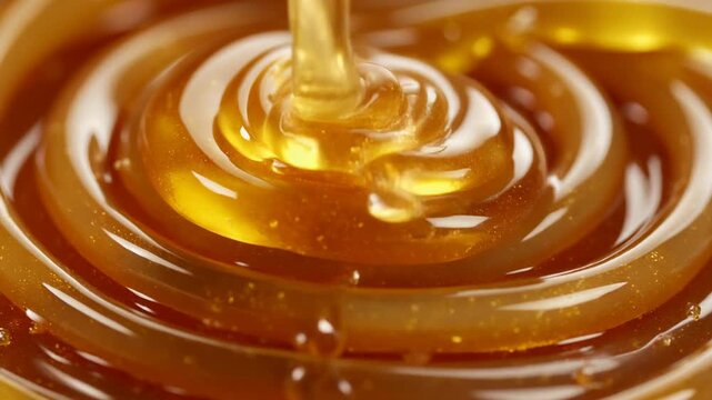 A close-up macro shot of thick, golden honey being poured, creating concentric ripples and swirls.