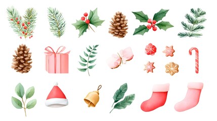 A vibrant watercolor collection of Christmas and winter holiday elements including pine branches holly pinecones gifts candy canes and festive deco ns