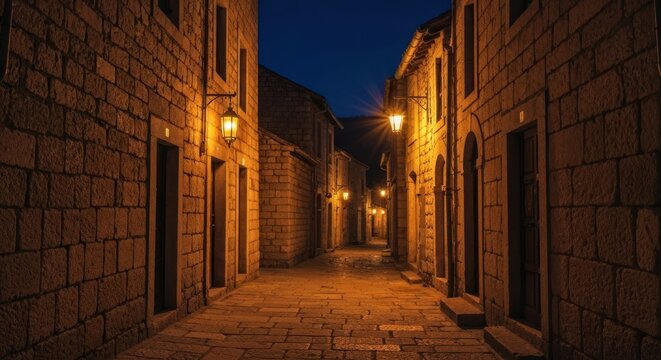 Narrow, stone-walled alleyway at dusk.  Ancient stone buildings line a paved path, lit by lanterns.  Twilight glow - Powered by Adobe
