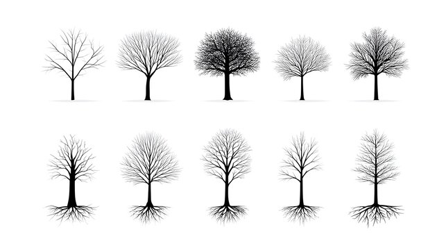 A collection of ten diverse graphic illust ns of bare deciduous trees during winter each featuring prominent root systems and isolated on a white background