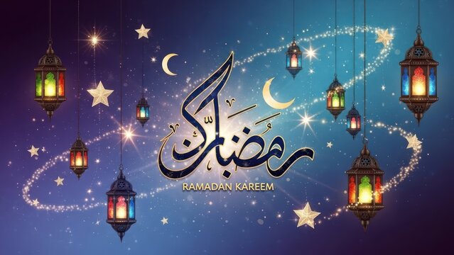 Ramadan Kareem greeting with Arabic calligraphy, hanging lanterns, and stars on a night sky. - Powered by Adobe