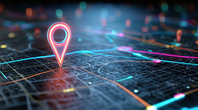 Illuminated location marker glows brightly over a network of lines, illustrating a digital map