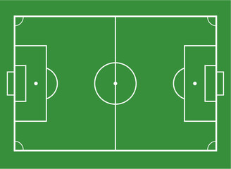 Detailed green vector illustration of a soccer field layout showing center circle, midfield line, penalty areas, goal boxes, corner arcs, and field markings in a clean top-down view