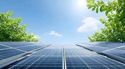 A bright perspective view of solar panel arrays under a clear blue sky with fluffy clouds and surrounding green foliage symbolizing ecological energy gene n and sustainability