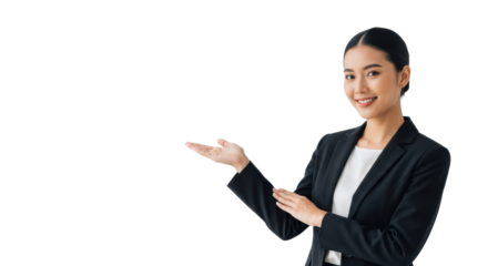Young asian woman, late 20s-early 30s, in tailored business suit, gesturing to copy space on transparent studio background with soft light. Concept of professional presentation