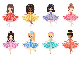 Set of pretty international different girls dancing in a beautiful dress on white background. Poster, Banner, Flyer, Greeting Card. Vector illustration in flat cartoon style
