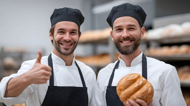 Two cheerful male bakers in uniform proudly present fresh bread in a bakery  One gives a thumbs up symbolizing satisfaction and of their artisanal baked goods