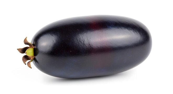 Java Plum Close Up on White Background Fresh and Ripe Dark Fruit Detailed Macro Shot of Tropical Fruit Healthy Eating Concept Sweet and Tangy Fruit with Smooth Skin