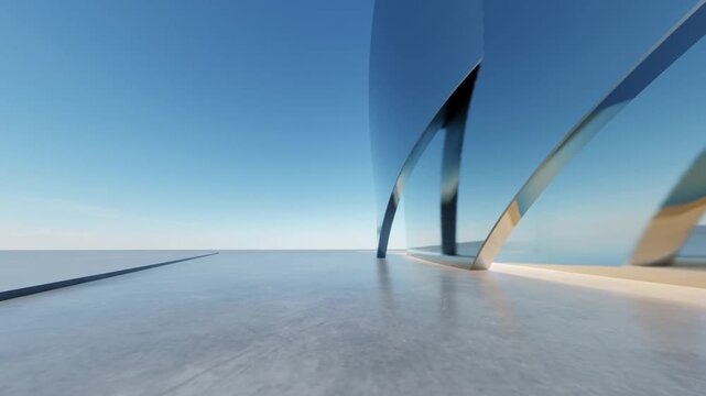 Abstract curved architecture background, Metallic exterior space with concrete floor, Futuristic modern titanium building backdrop, 3d rendering