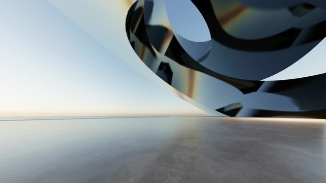 Abstract curved architecture background, Metallic exterior space with concrete floor, Futuristic modern titanium building backdrop, 3d rendering