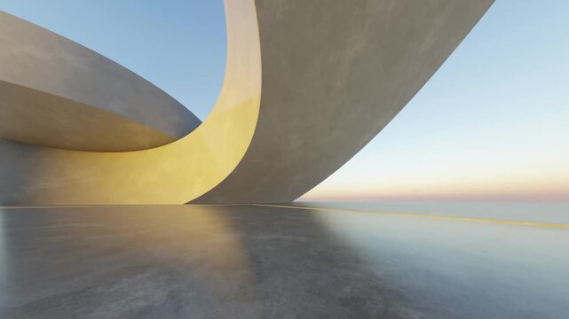 Abstract curved architecture background, Exterior space with concrete floor, Futuristic modern building backdrop, 3d rendering
