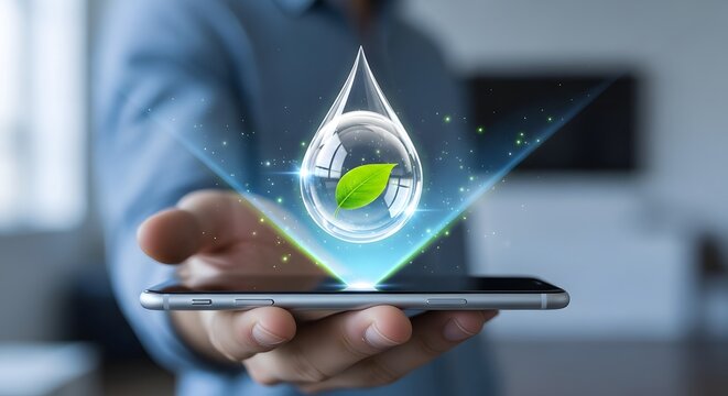 Man holding smartphone displaying holographic water drop with leaf inside concept
