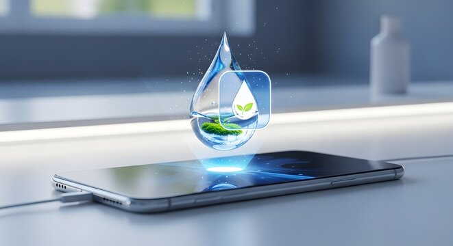 Smartphone charging with holographic water drop displaying green energy and sustainability - Powered by Adobe