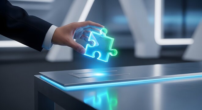 Business innovation man placing holographic puzzle piece on modern desk for solution